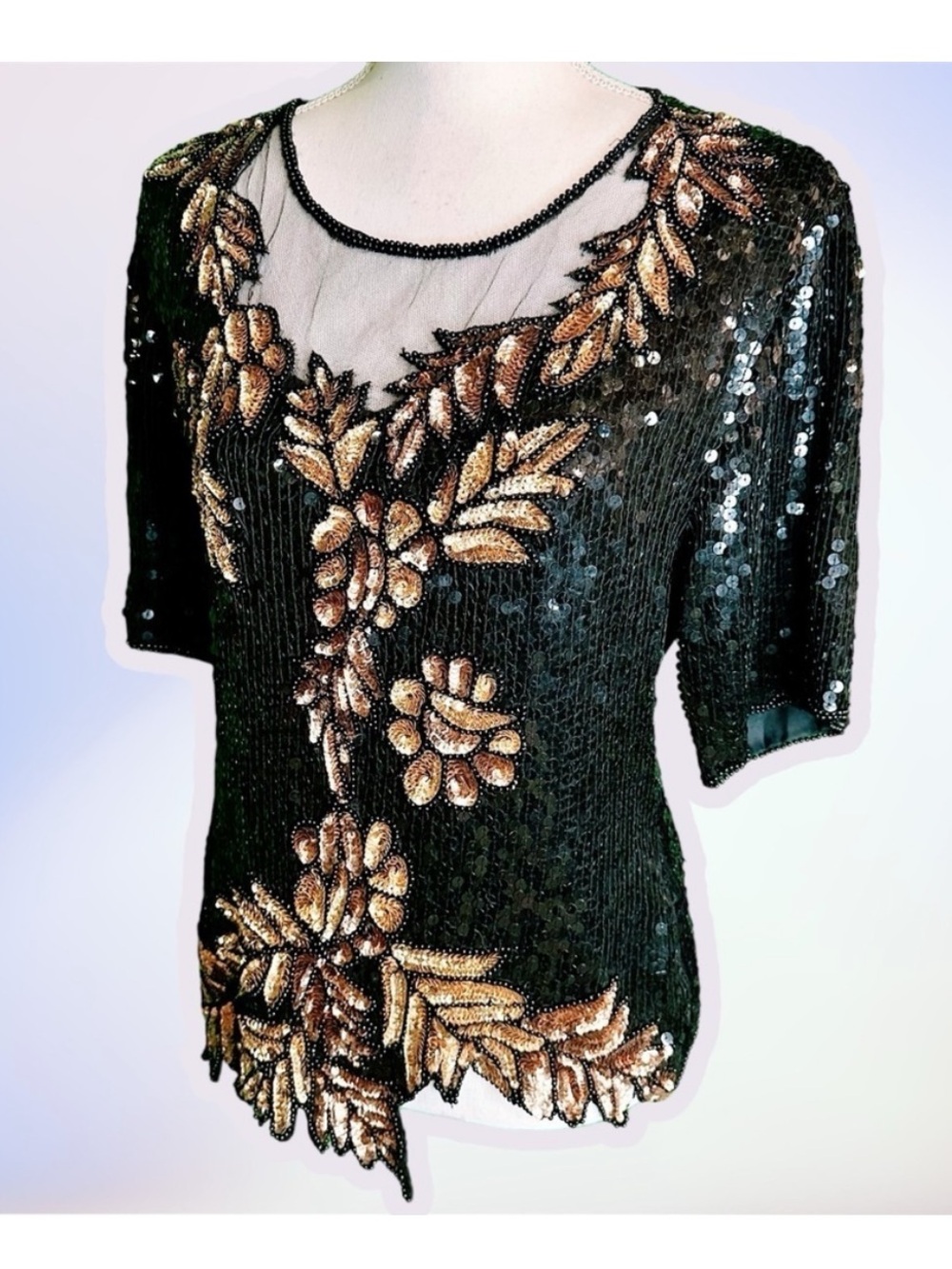 Vintage Stenay Sequin Beaded Formal Evening Top Black Gold Silk 80s Disco Sz L